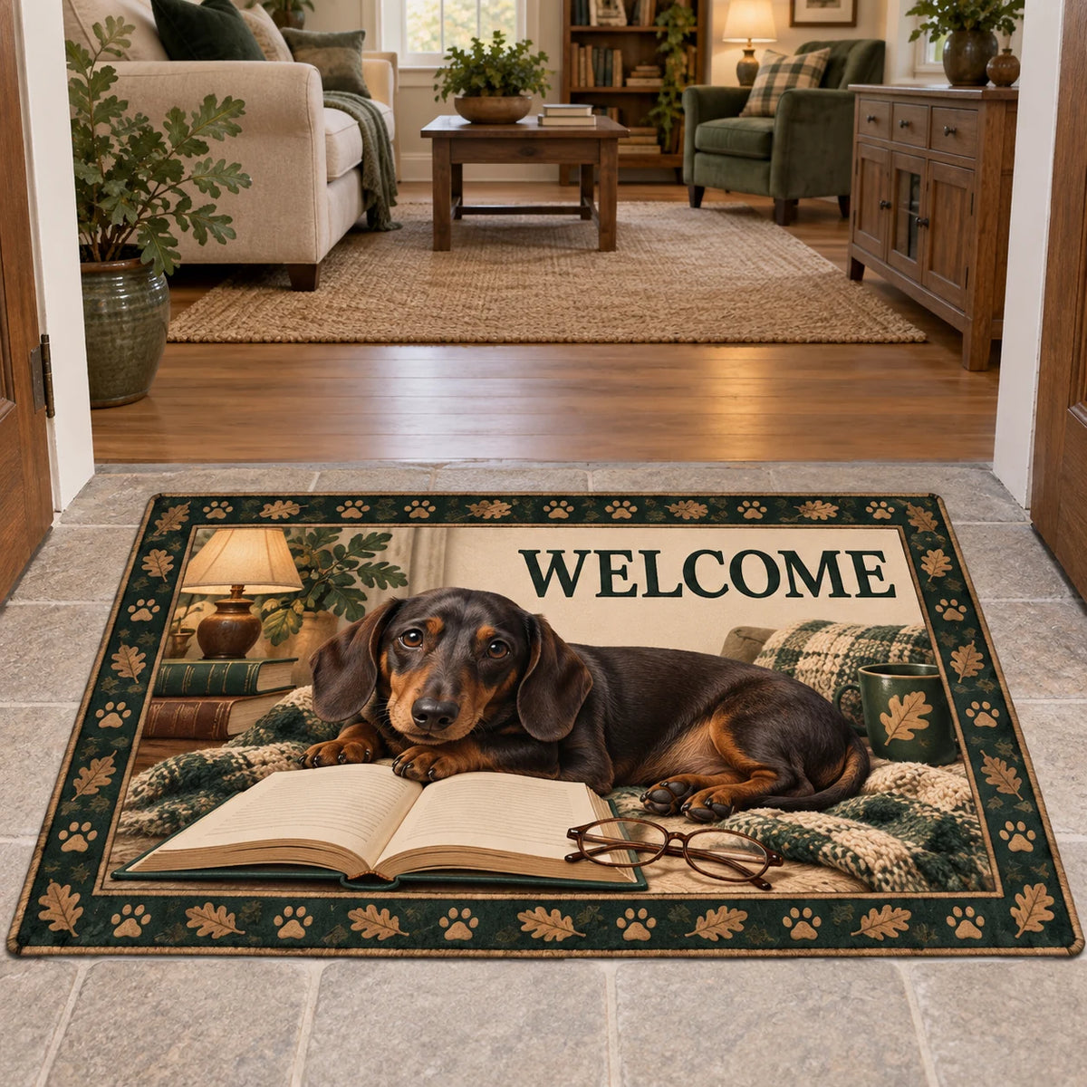 Full doormat with correct WELCOME, dachshund beside an open book and glasses, framed by green-and-gold paw and leaf motifs.