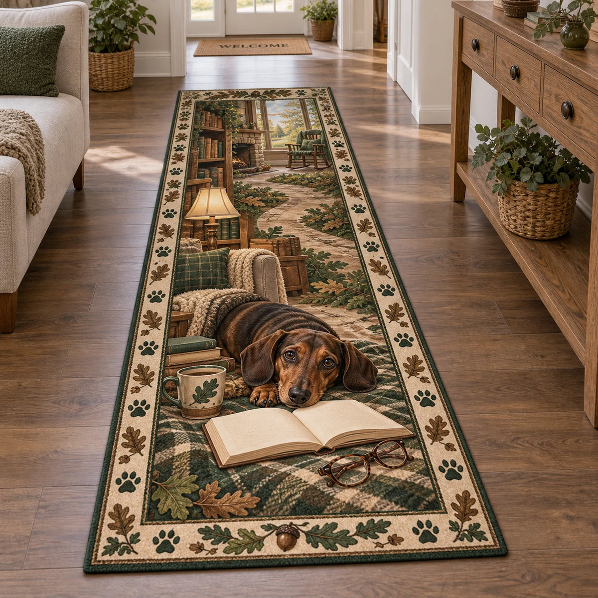 Full runner with dachshund and book foreground, a recessed reading nook and oak-leaf paw-print border.