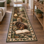 Full runner with dachshund and book foreground, a recessed reading nook and oak-leaf paw-print border.