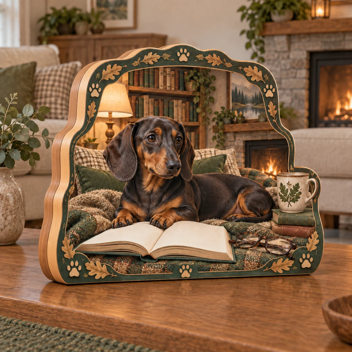 Revised three-panel tabletop wood block with two contour-following side joins, dachshund and blank book in continuous print with paw-and-oak border.