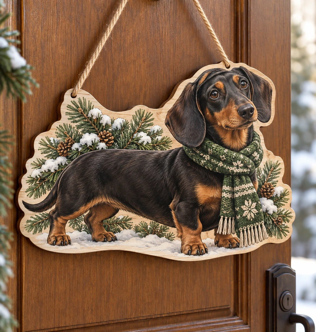 Dachshund Snowy Scarf Custom Shape Door Hanger with printed dimensional artwork