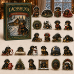 Dachshund advent calendar box and full set of 24 illustrated acrylic charms on a light tabletop