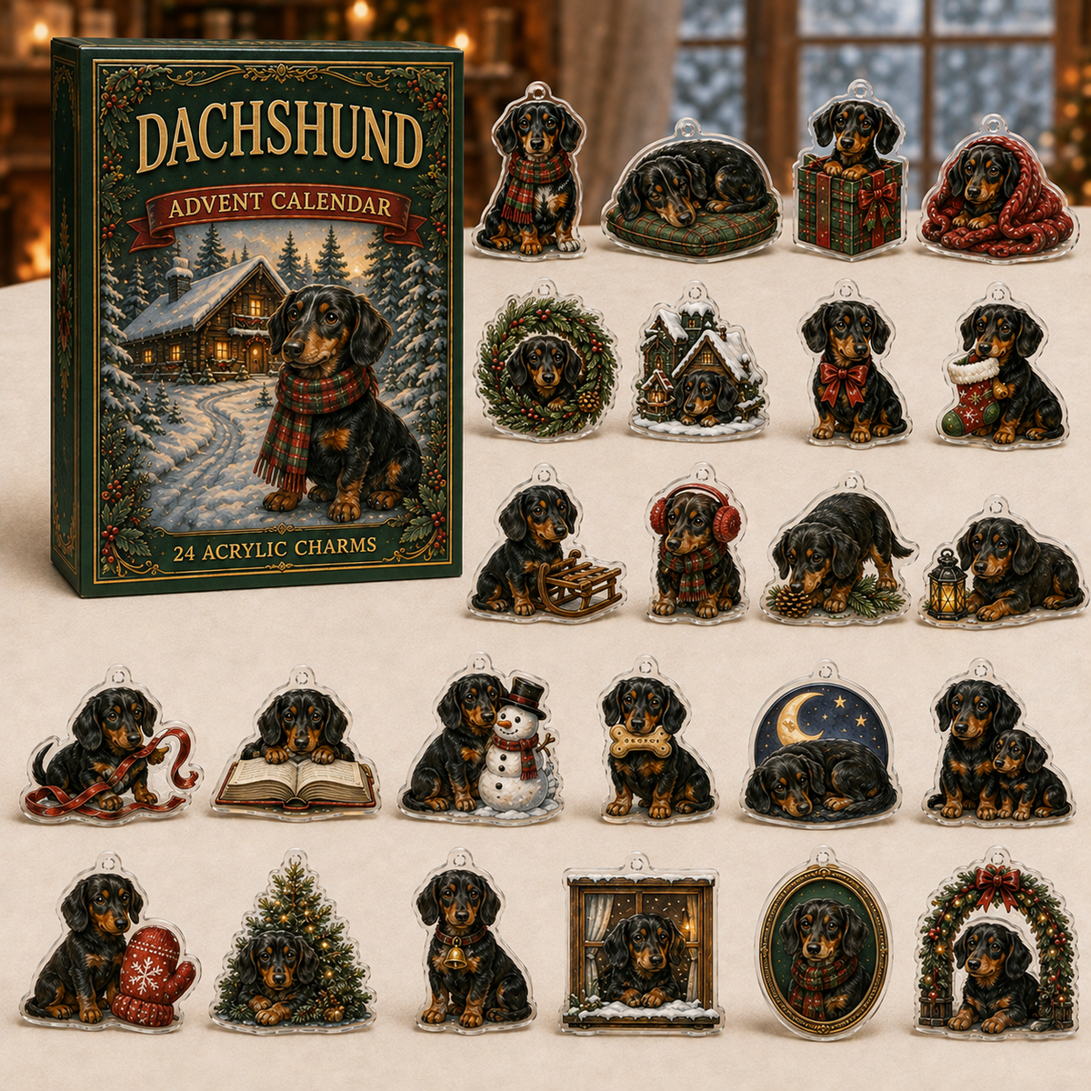Dachshund advent calendar box and full set of 24 illustrated acrylic charms on a light tabletop