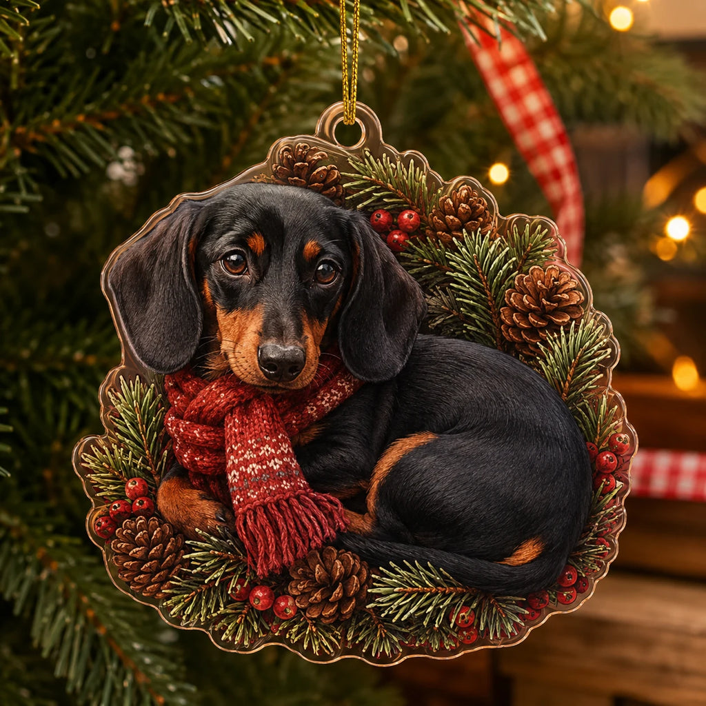 Dachshund Winter Scarf christmas ornament with a dimensional printed design in a dachshund christmas setting