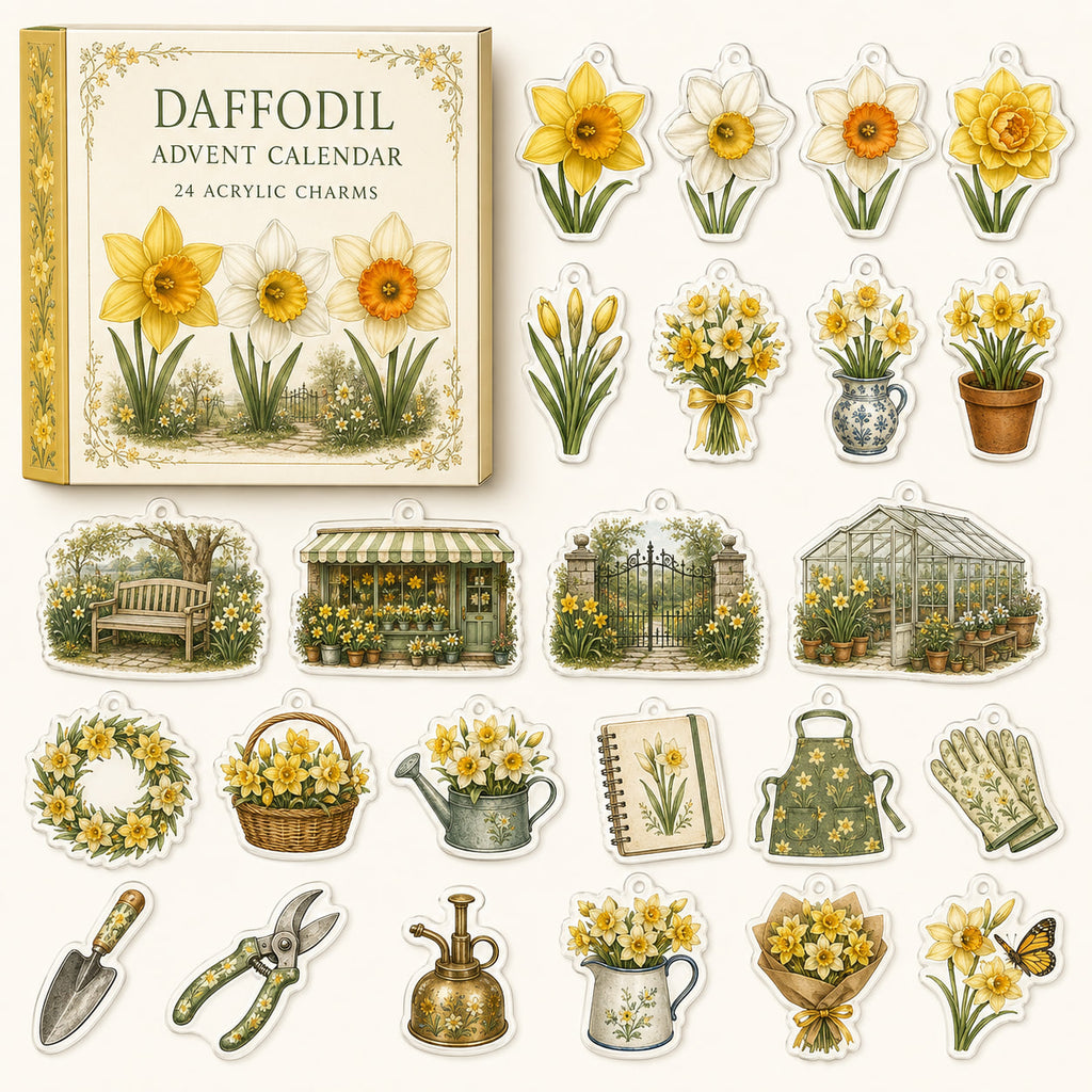 Daffodil advent calendar box and 24 floral printed acrylic charms