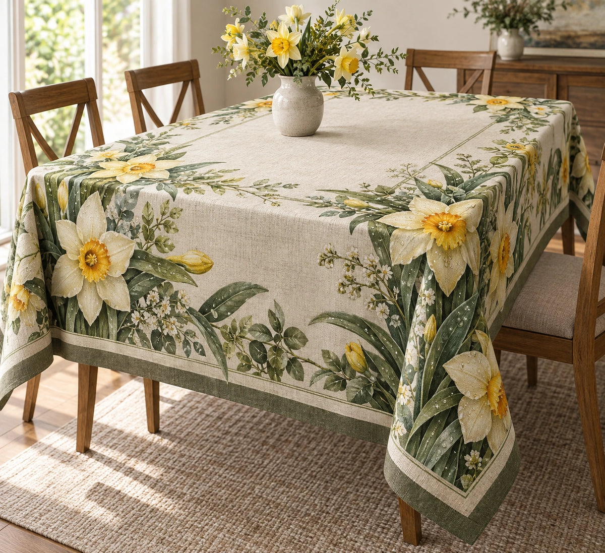 Daffodil Dewdrop Morning Tablecloth with printed dimensional artwork