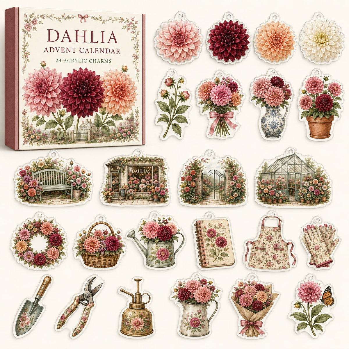 Dahlia advent calendar box and 24 floral printed acrylic charms