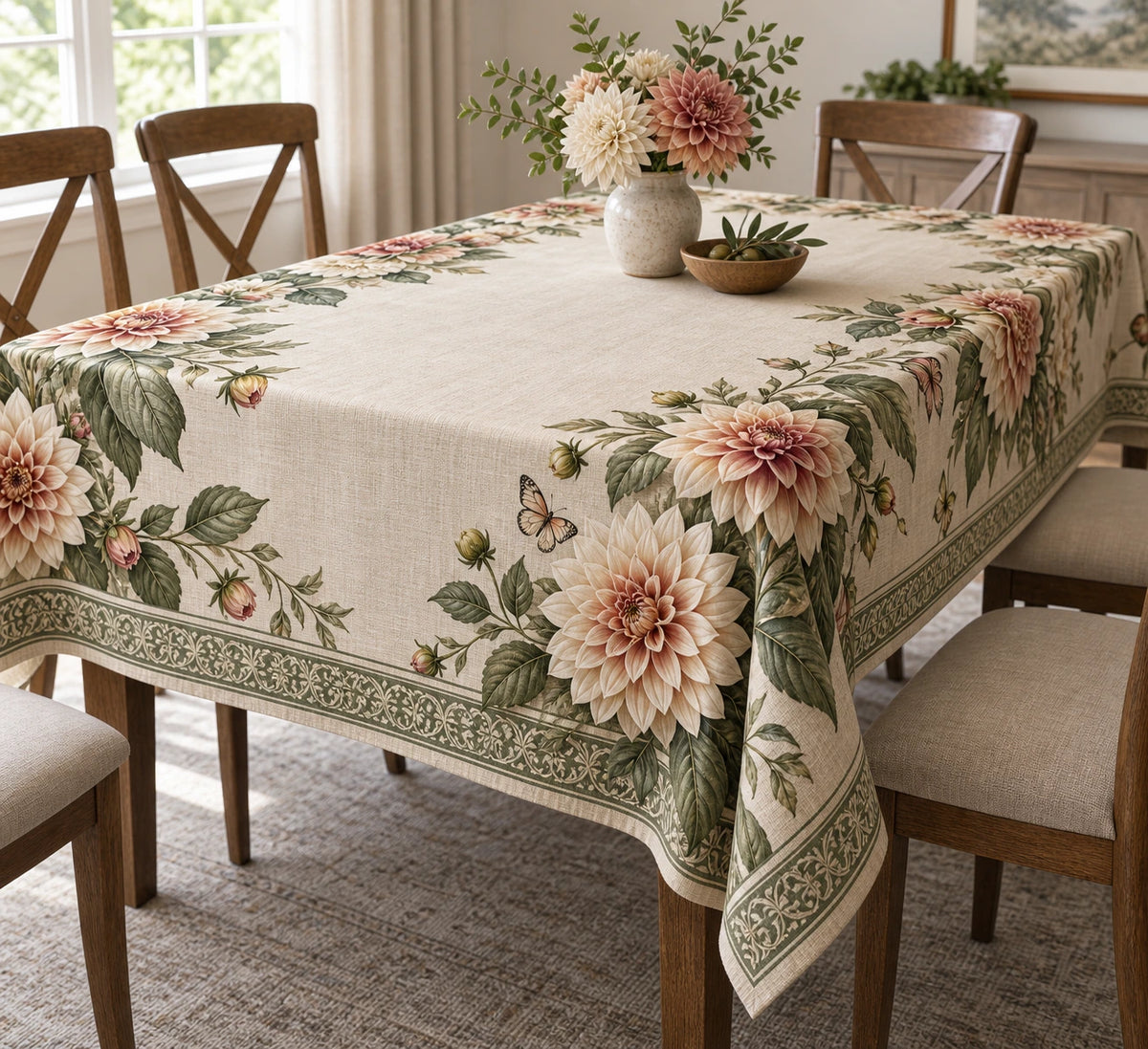 Dahlia Butterfly Visitor Tablecloth with printed dimensional artwork
