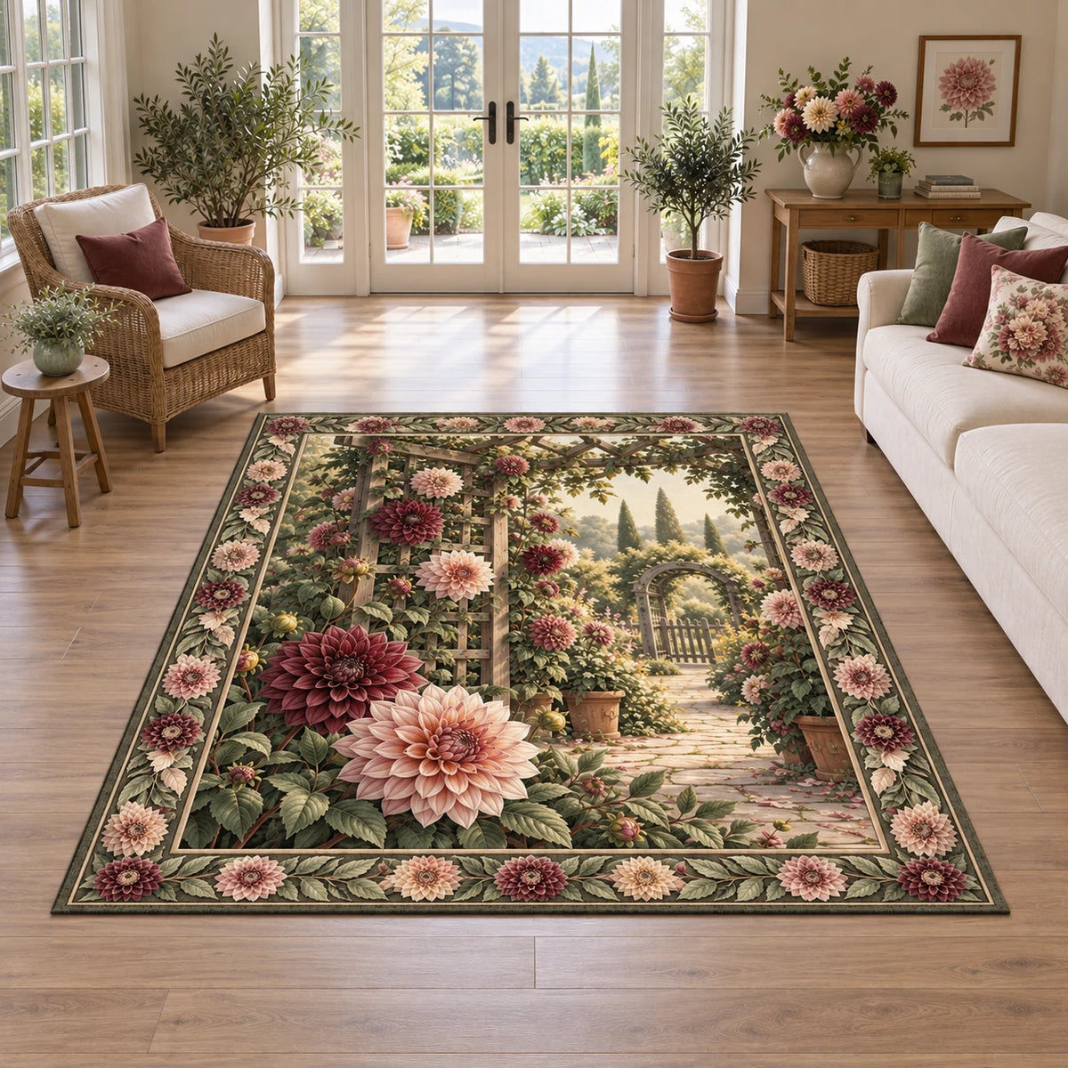 Dahlia area rug with burgundy and peach flowers, leafy trellis and a receding garden path in a botanical room.