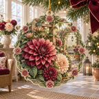 Dahlia christmas ornament with burgundy and peach flowers, leafy trellis and a receding garden path in a botanical room.