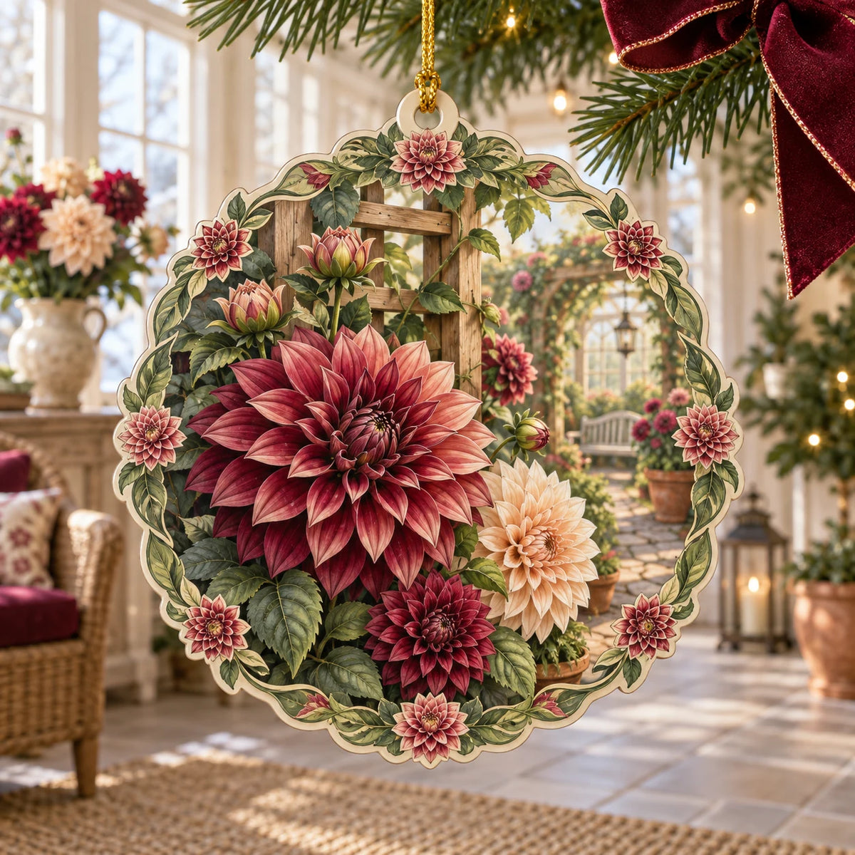 Dahlia christmas ornament with burgundy and peach flowers, leafy trellis and a receding garden path in a botanical room.