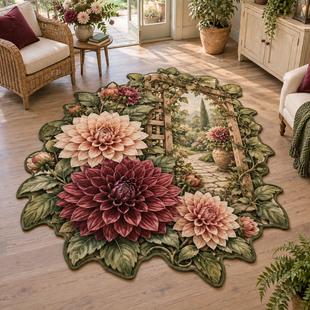 Dahlia custom shape area rug with burgundy and peach flowers, leafy trellis and a receding garden path in a botanical room.