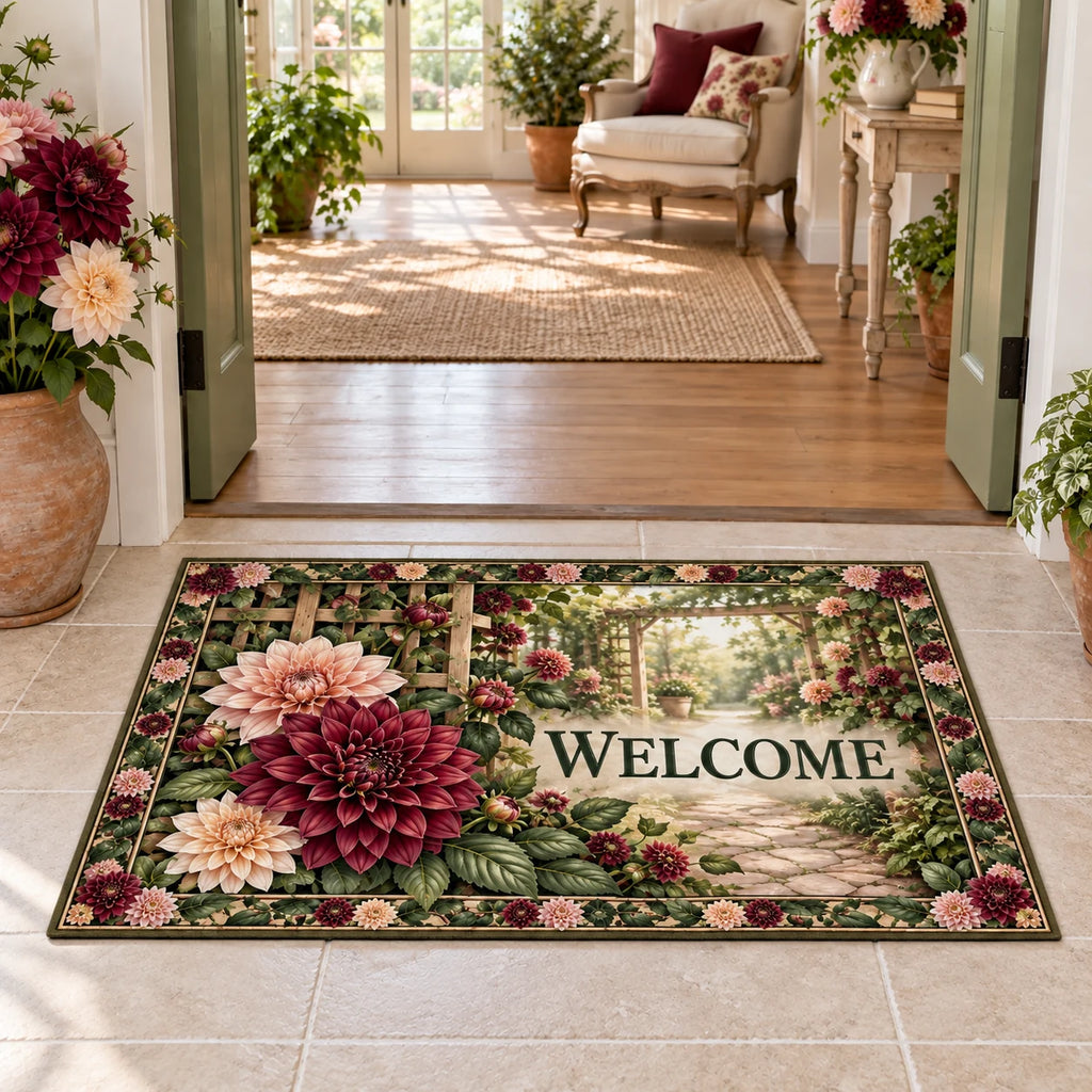 Dahlia doormat with burgundy and peach flowers, leafy trellis and a receding garden path in a botanical room.