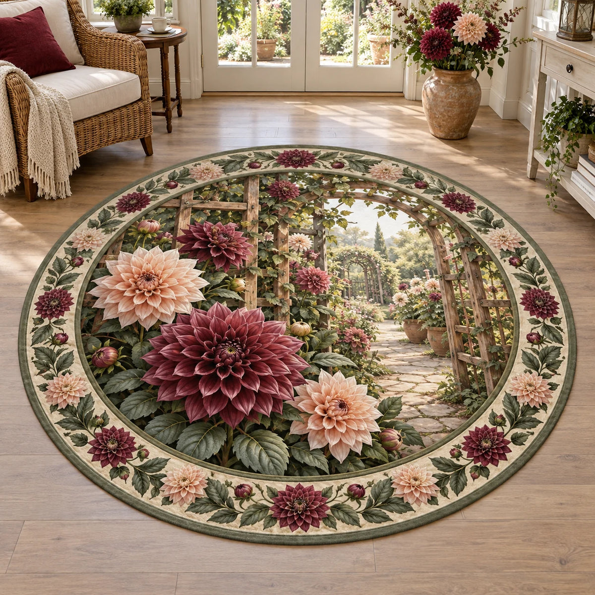 Dahlia round mat rug with burgundy and peach flowers, leafy trellis and a receding garden path in a botanical room.
