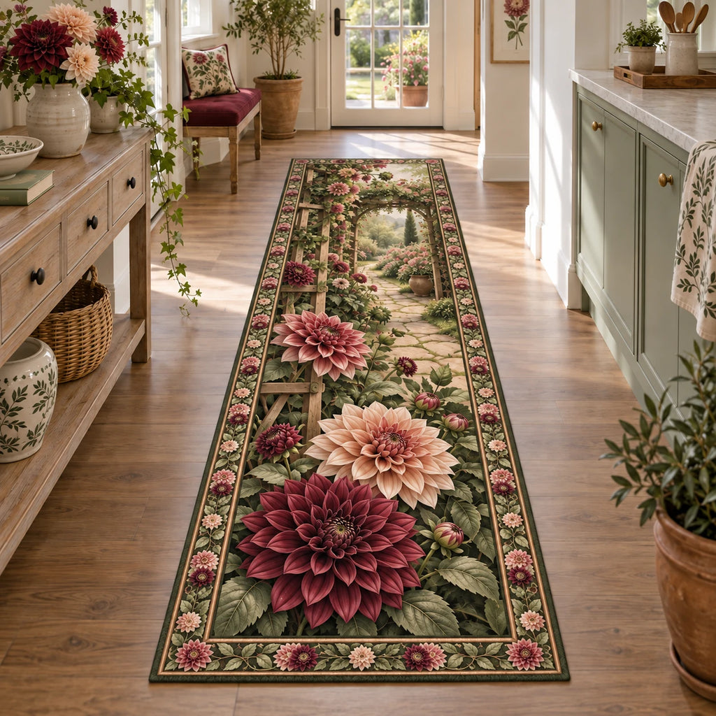 Dahlia runner rug with burgundy and peach flowers, leafy trellis and a receding garden path in a botanical room.