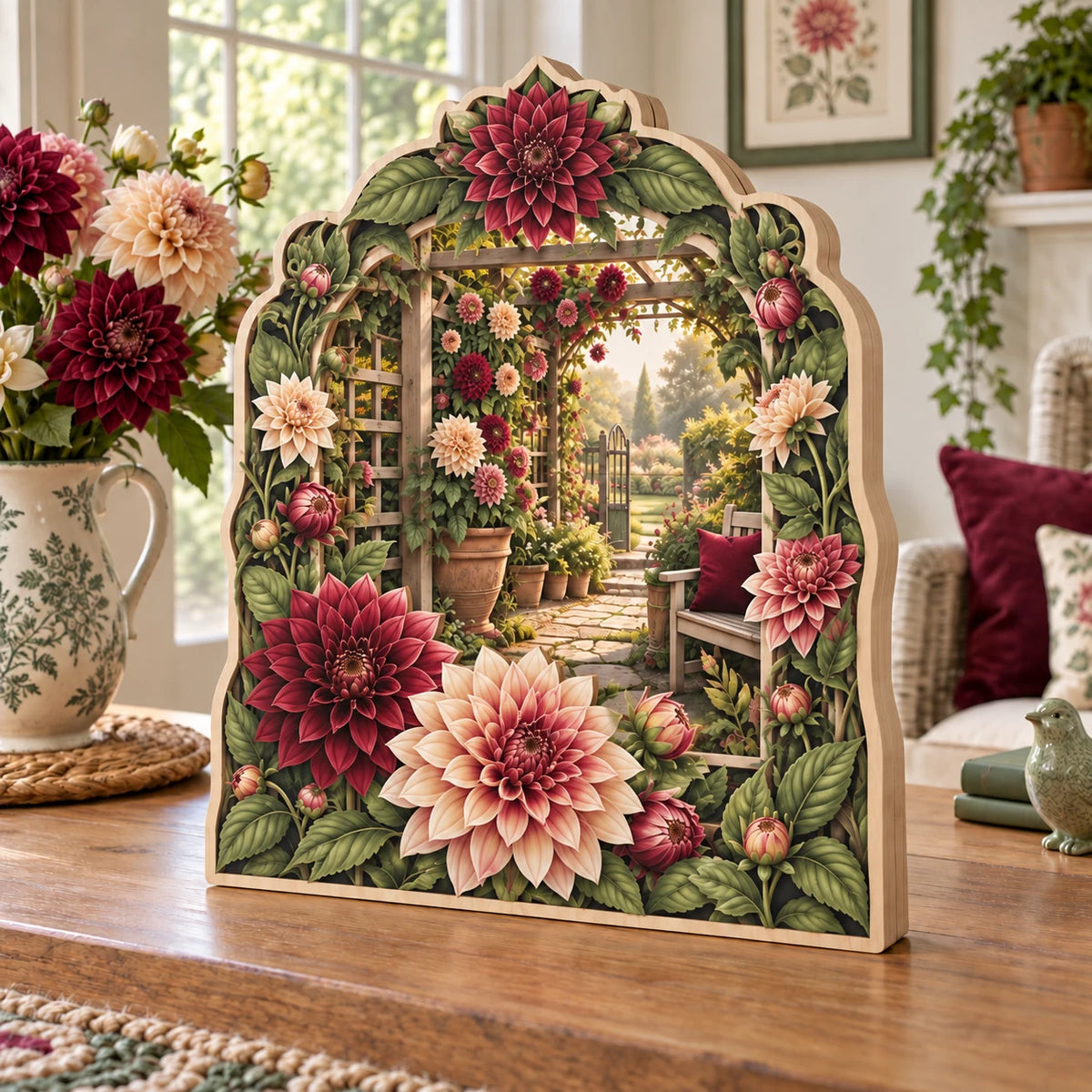 Dahlia wooden block 3 layer with burgundy and peach flowers, leafy trellis and a receding garden path in a botanical room.