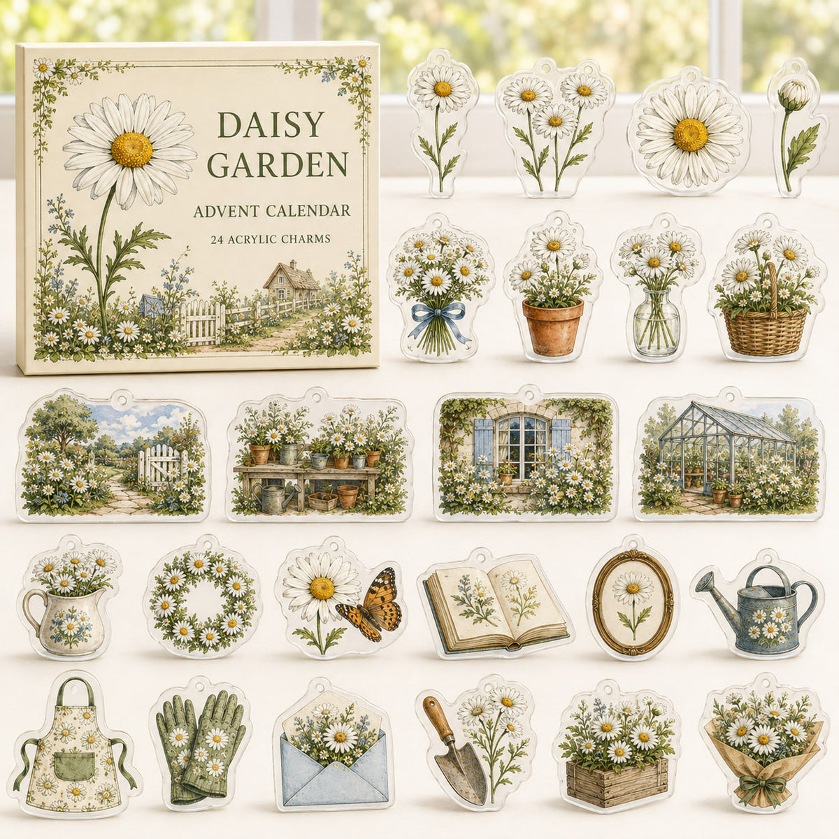 Daisy advent calendar box with 24 printed acrylic flower charms