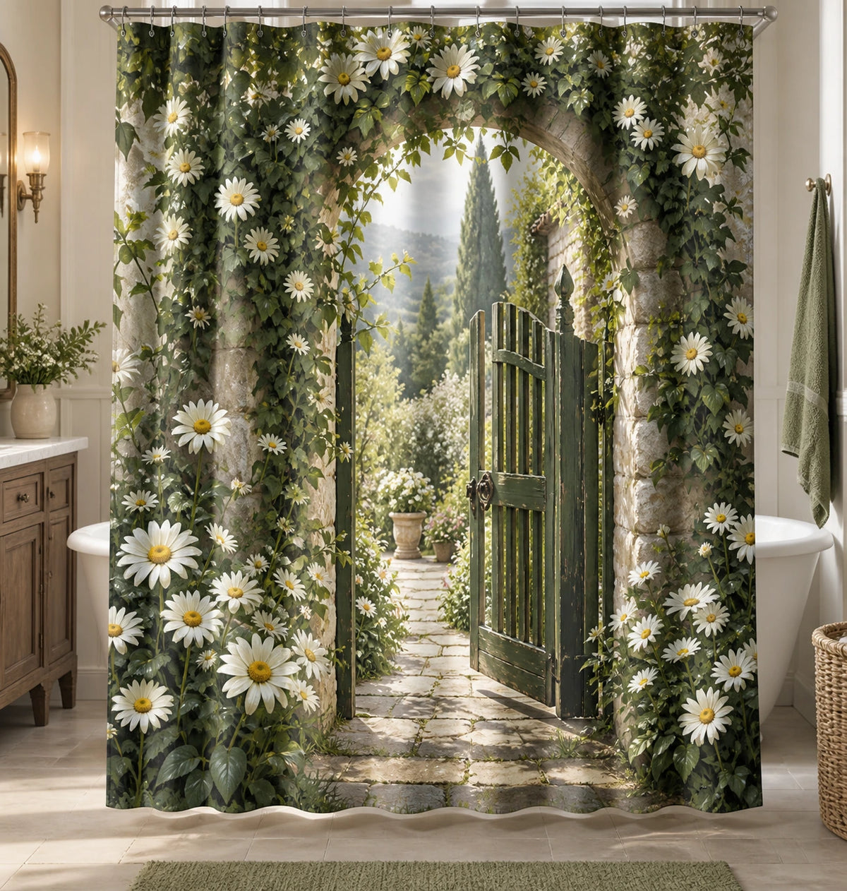 Daisy Secret Gate Shower Curtain with printed dimensional artwork