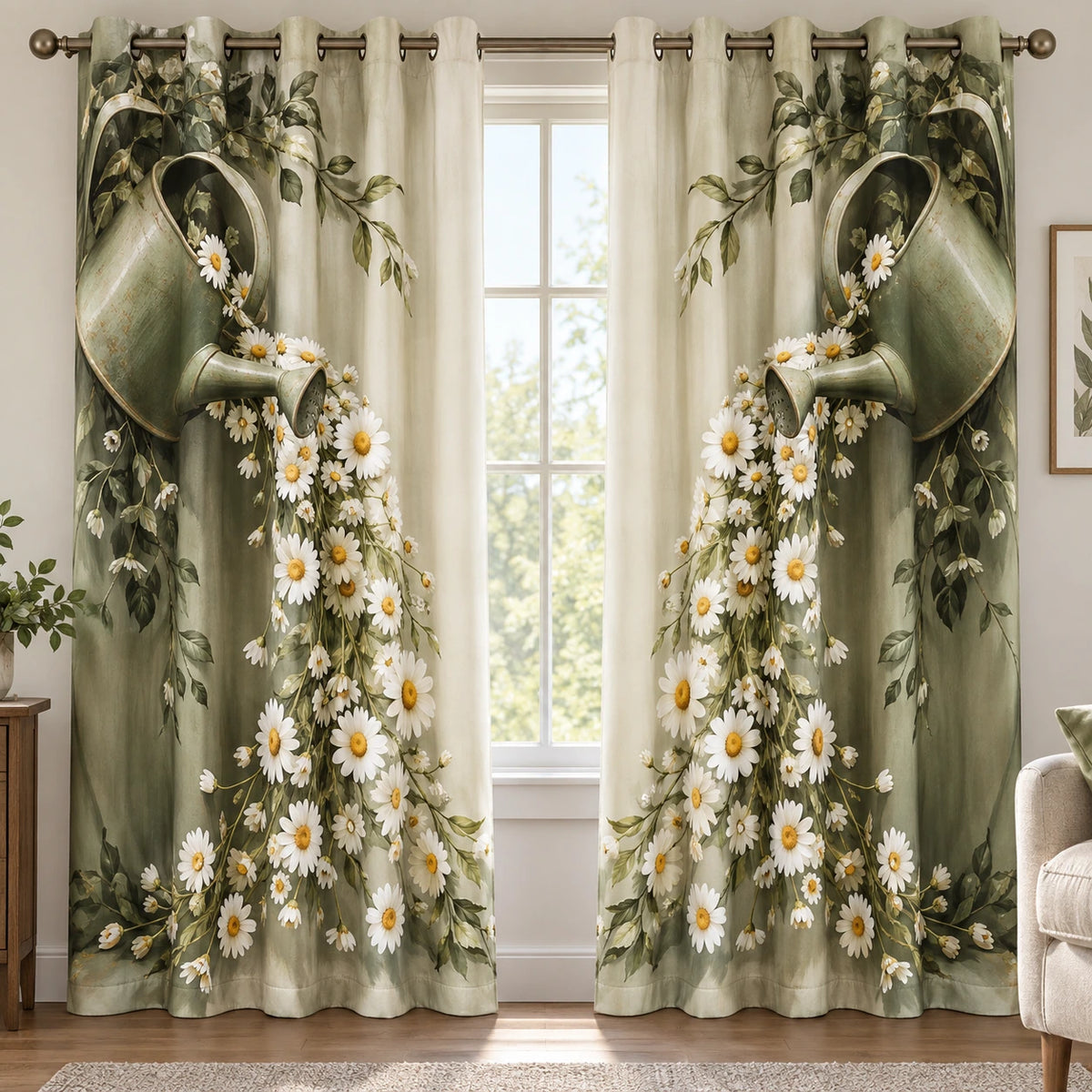 Daisy Vintage Watering Can Window Curtains with printed dimensional artwork