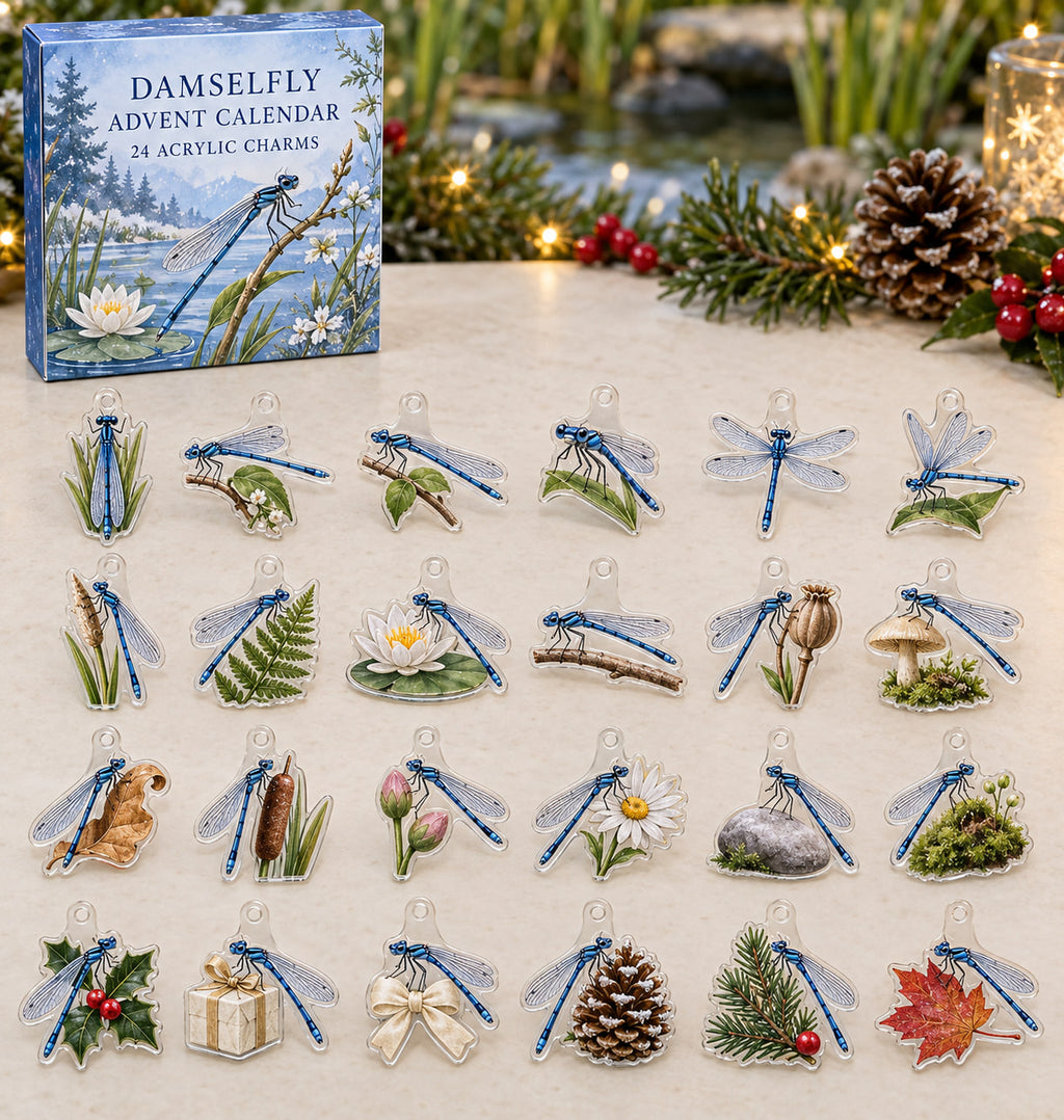 Damselfly advent calendar with 24 custom-shaped flat acrylic charms and printed dimensional artwork