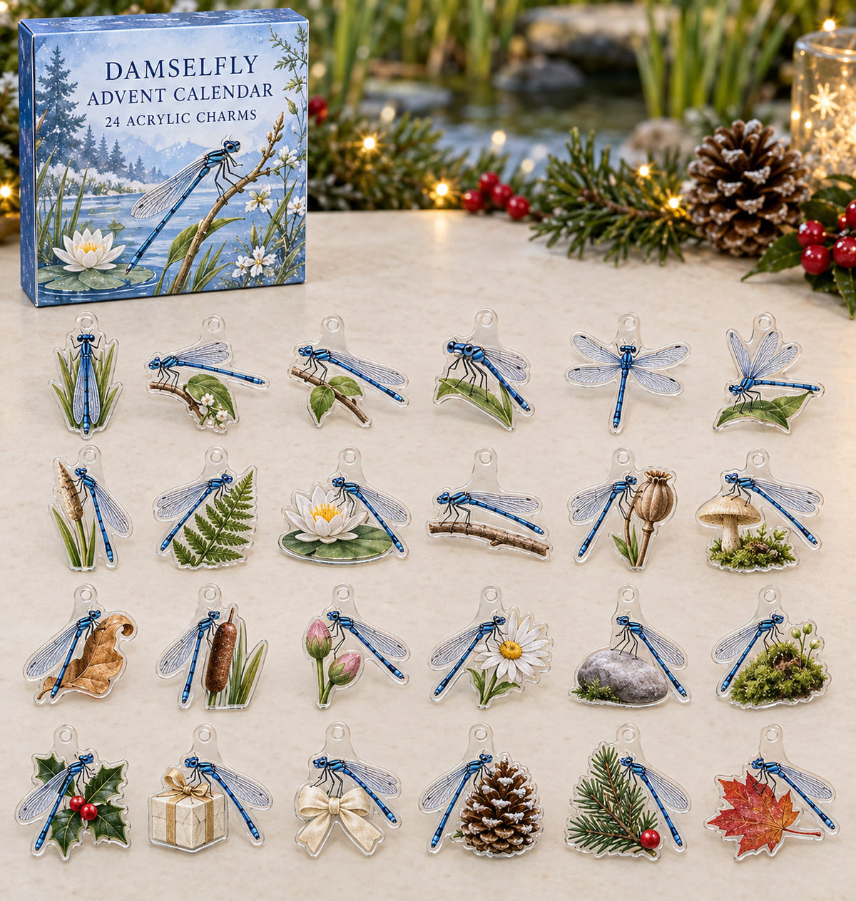 Damselfly advent calendar with 24 custom-shaped flat acrylic charms and printed dimensional artwork