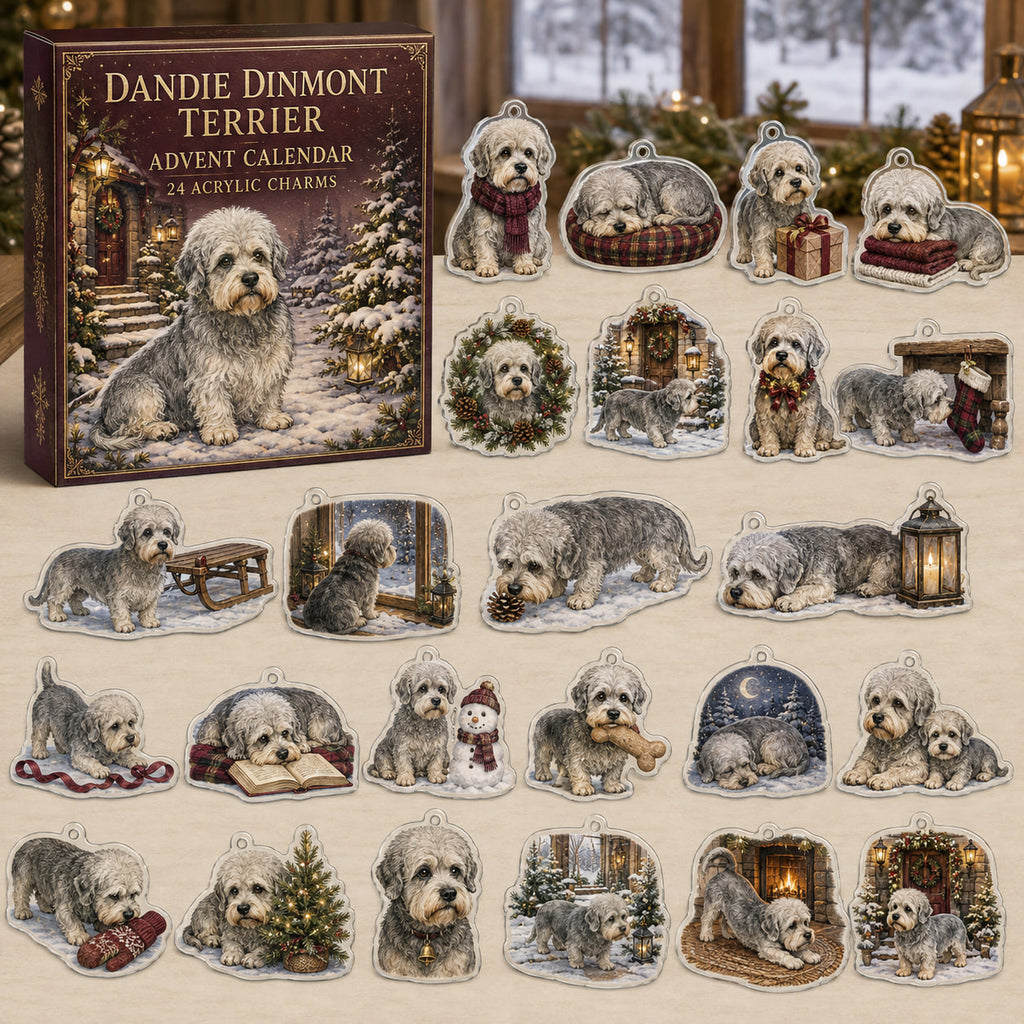 Dandie Dinmont Terrier advent calendar box and 24 illustrated acrylic charms displayed on an ivory tabletop in a winter setting