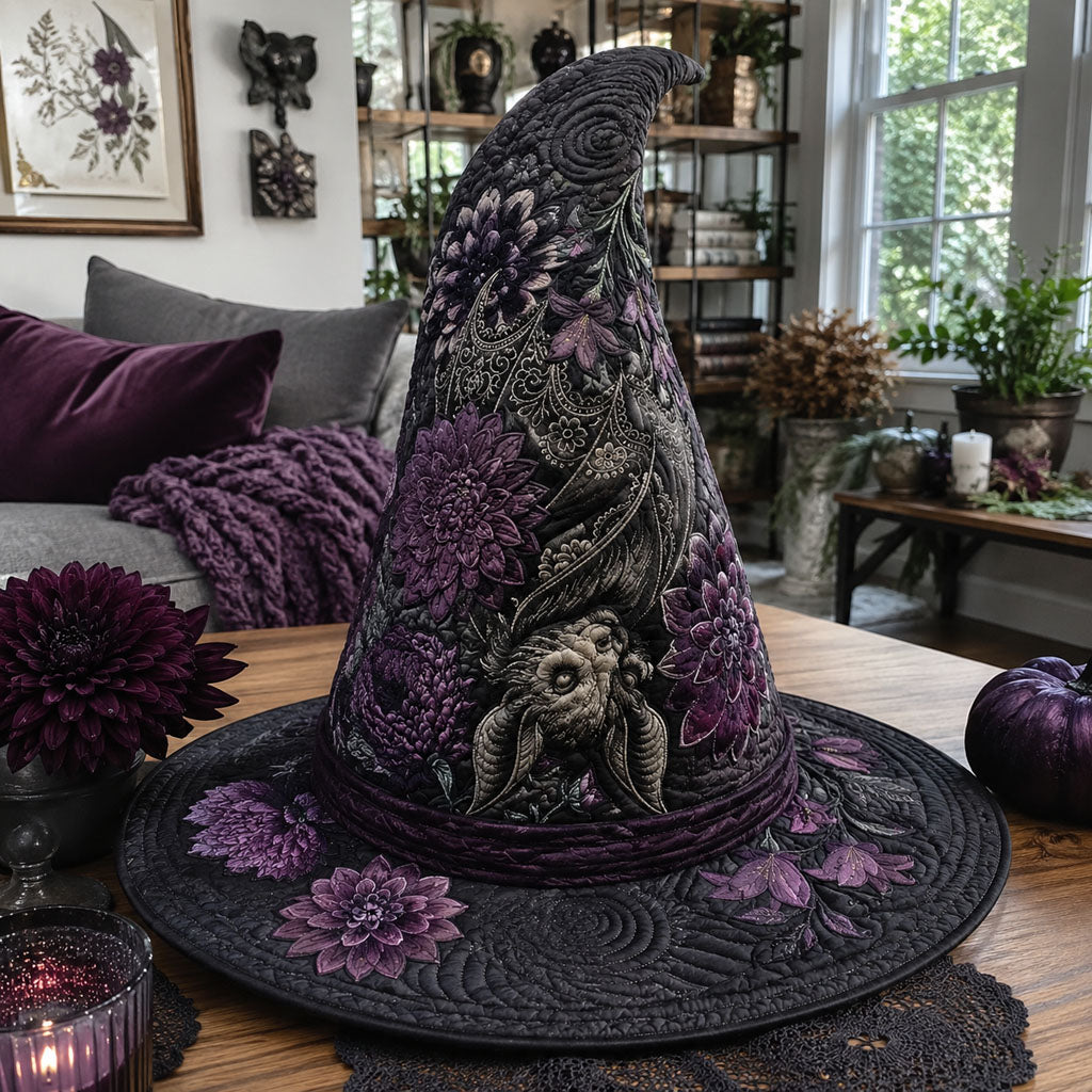 Dark Botanica quilted witch hat, all-over print on cone and brim