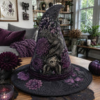 Dark Botanica quilted witch hat, all-over print on cone and brim