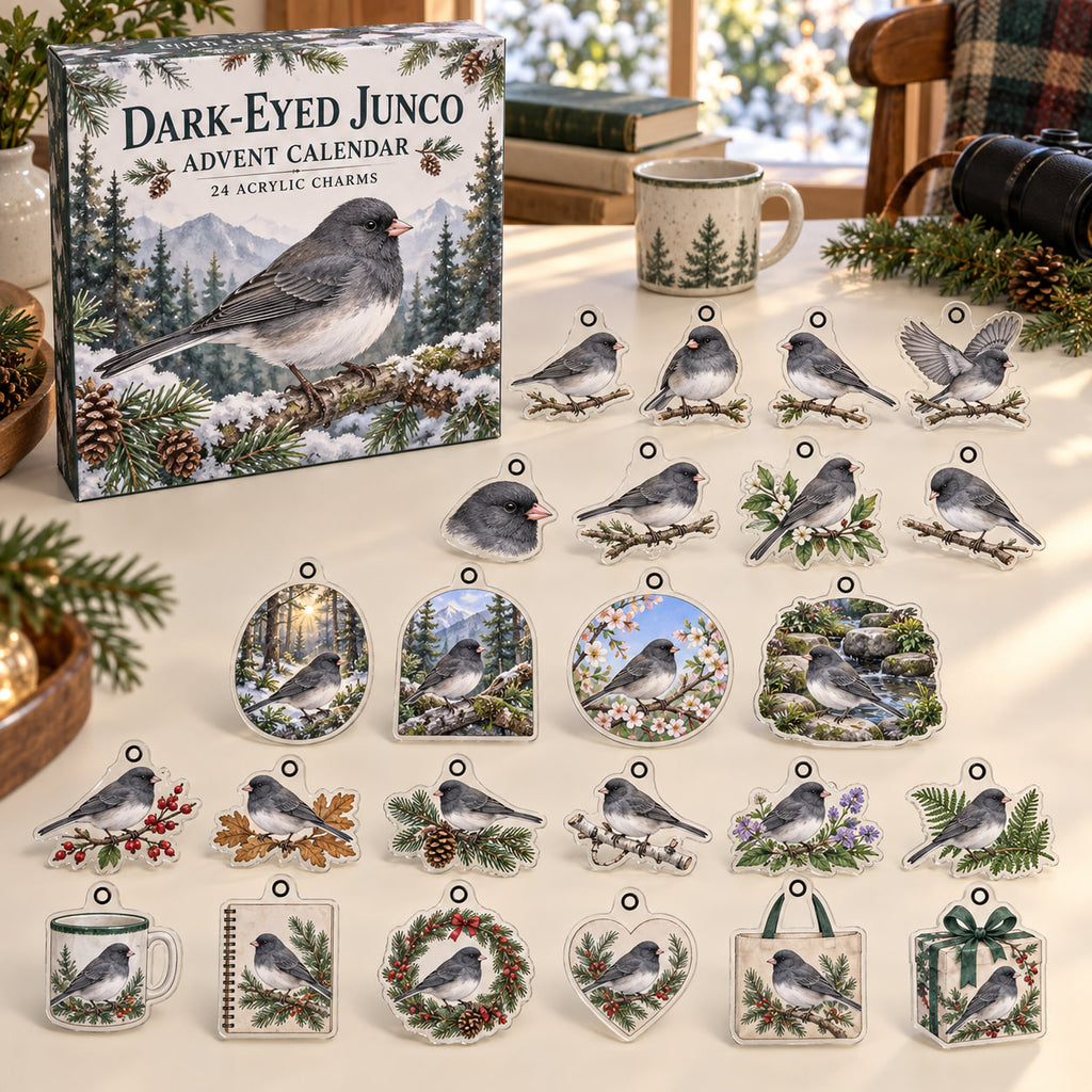 Dark-Eyed Junco advent calendar box with 24 themed flat printed acrylic charms