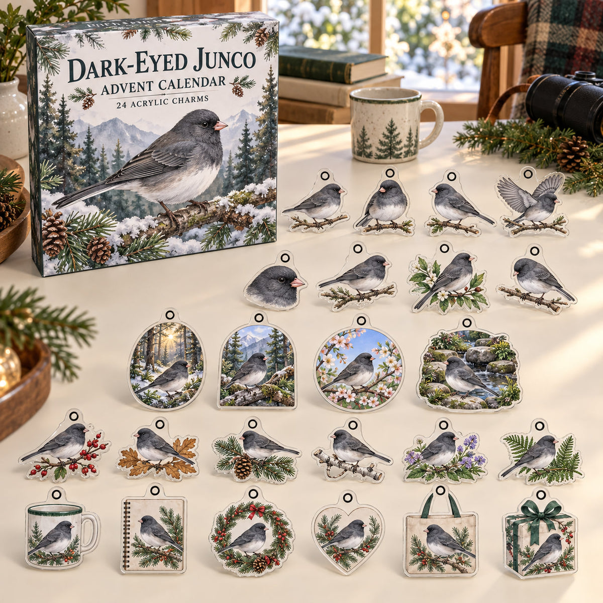 Dark-Eyed Junco advent calendar box with 24 themed flat printed acrylic charms