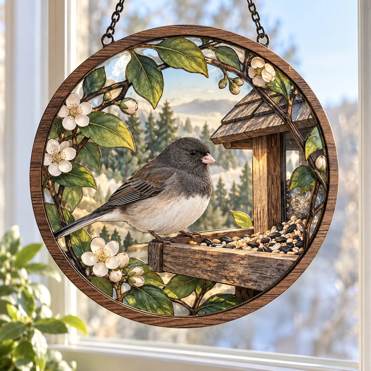 Dark-eyed Junco Garden Feeder Wood & Acrylic Suncatcher with printed dimensional artwork