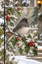Dark-eyed Junco Winter Holly Garden Flag with printed dimensional artwork