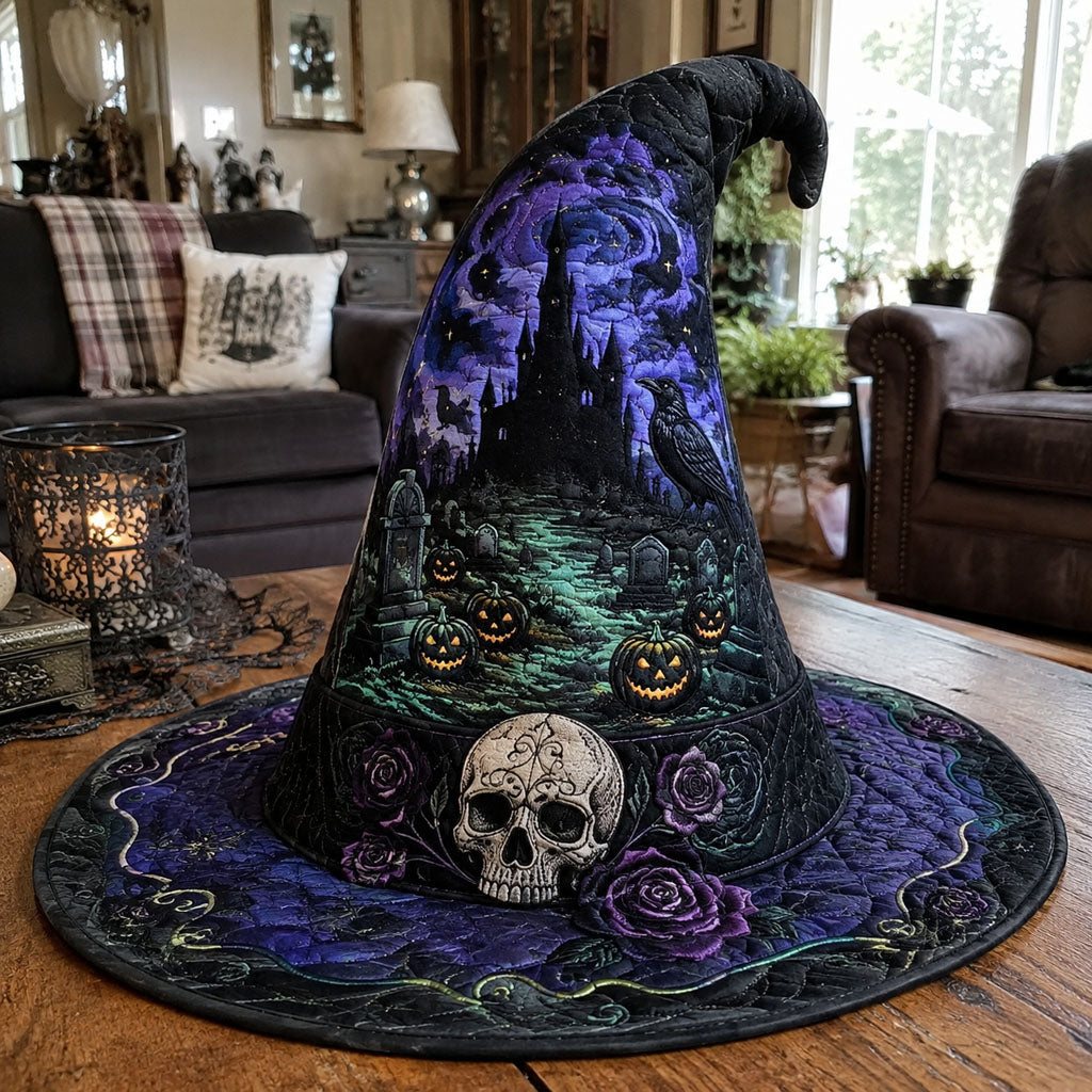 Dark Graveyard Keeper quilted witch hat, all-over print on cone and brim
