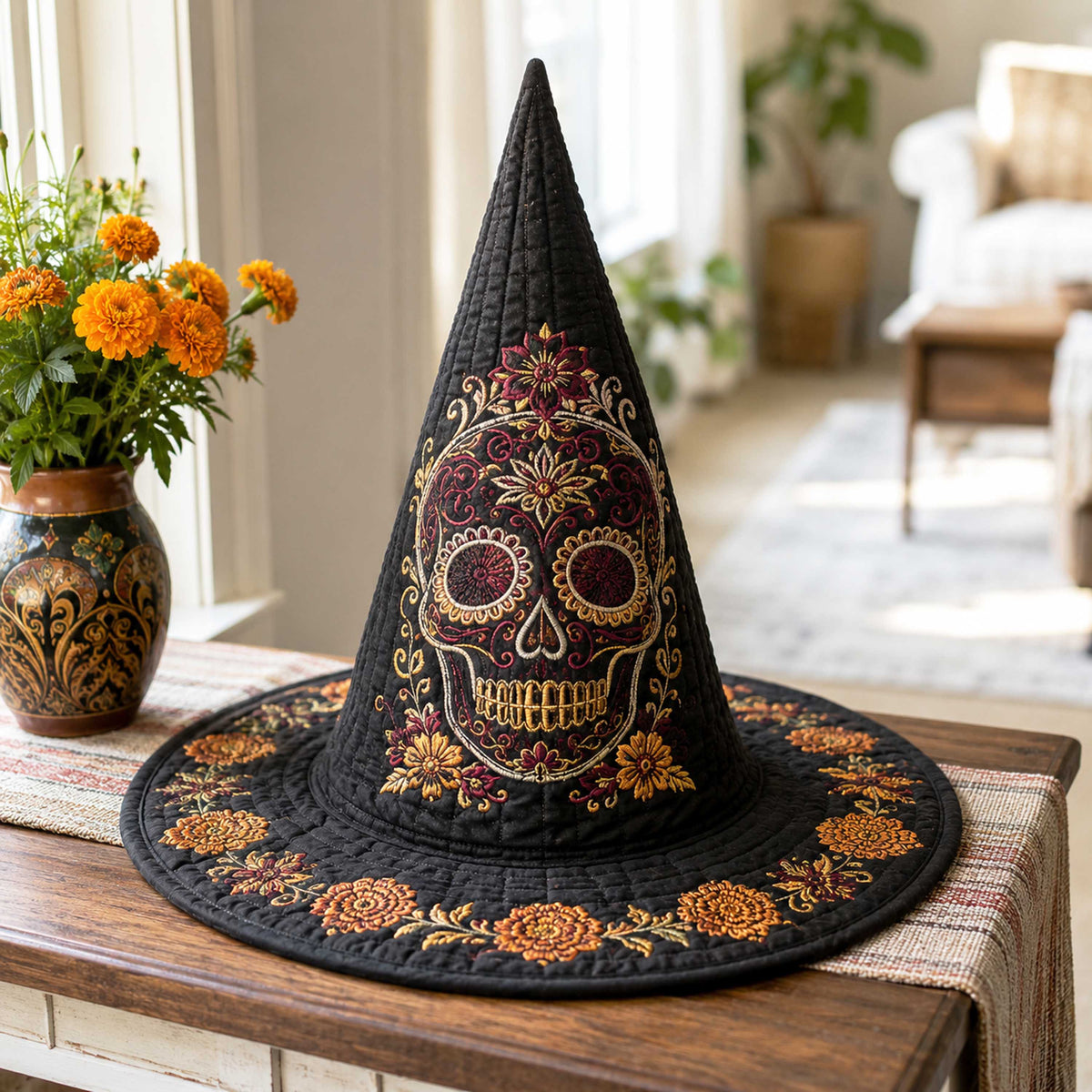Dark Mystic quilted witch hat, all-over print on cone and brim