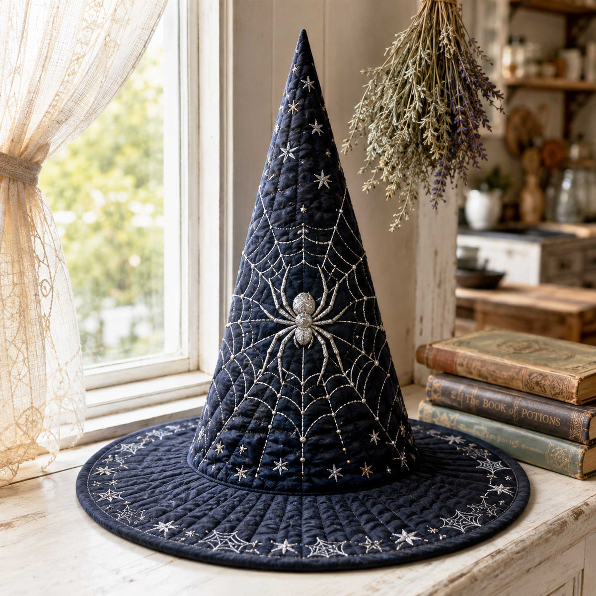 Dark Spell quilted witch hat, all-over print on cone and brim