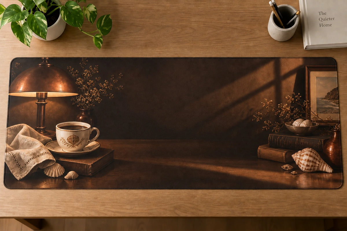 Decaf Evening Cup Coastal Morning Desk Mat with printed dimensional artwork