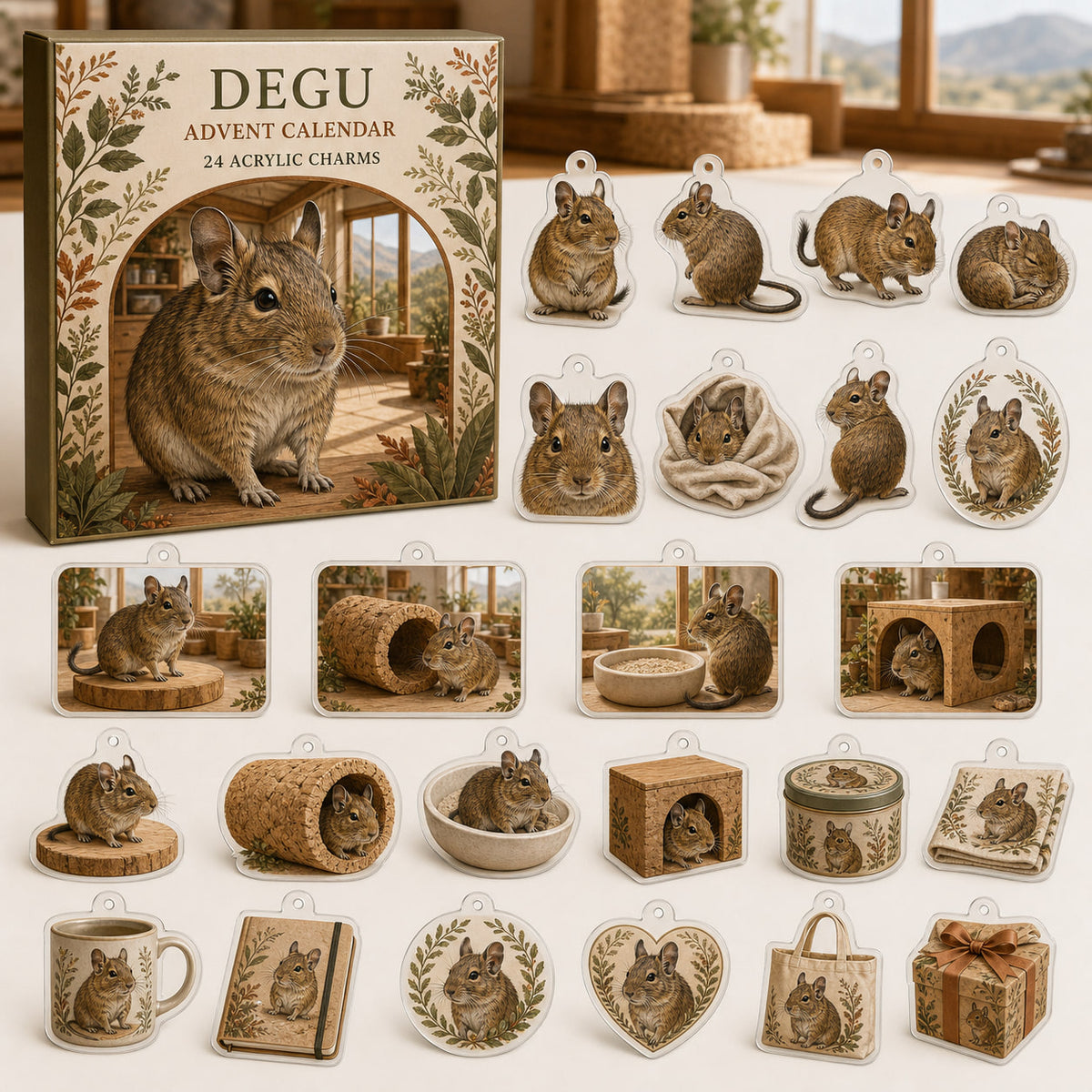 Degu advent calendar box with 24 themed flat printed acrylic charms