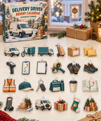 Delivery Driver advent calendar with 24 custom-shaped flat acrylic charms and printed dimensional artwork