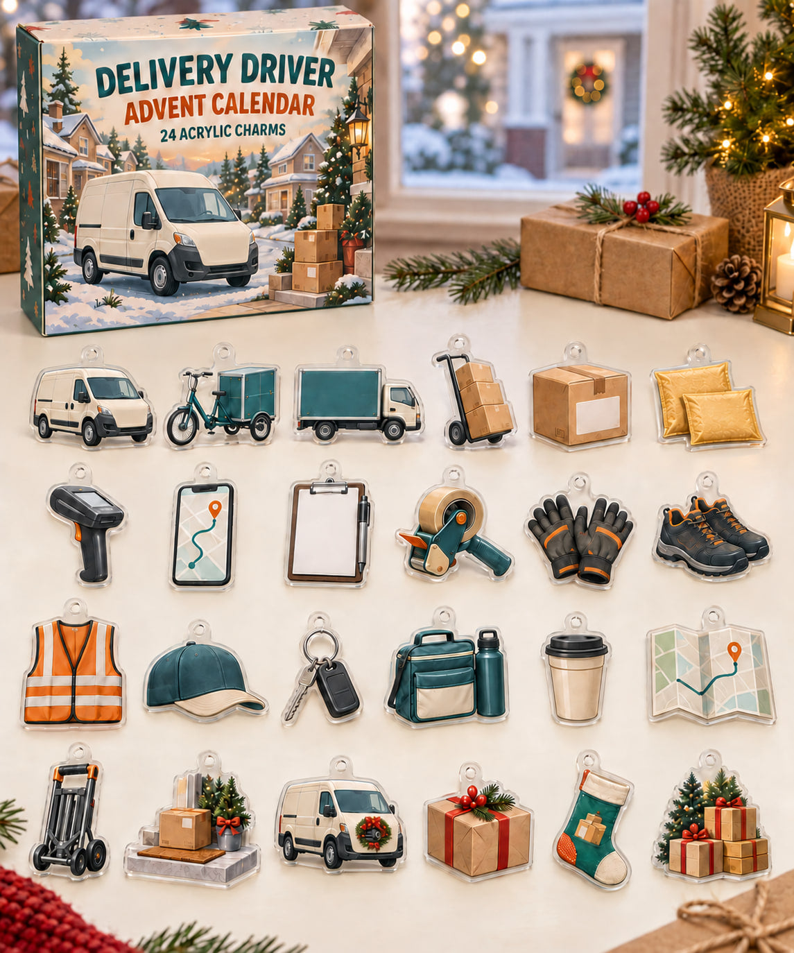 Delivery Driver advent calendar with 24 custom-shaped flat acrylic charms and printed dimensional artwork