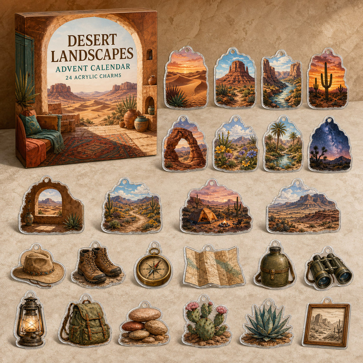 Desert Landscapes advent calendar box with 24 printed scenic and outdoor acrylic charms