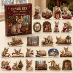 Devon Rex advent calendar box and 24 illustrated acrylic charms displayed on an ivory tabletop in a winter setting