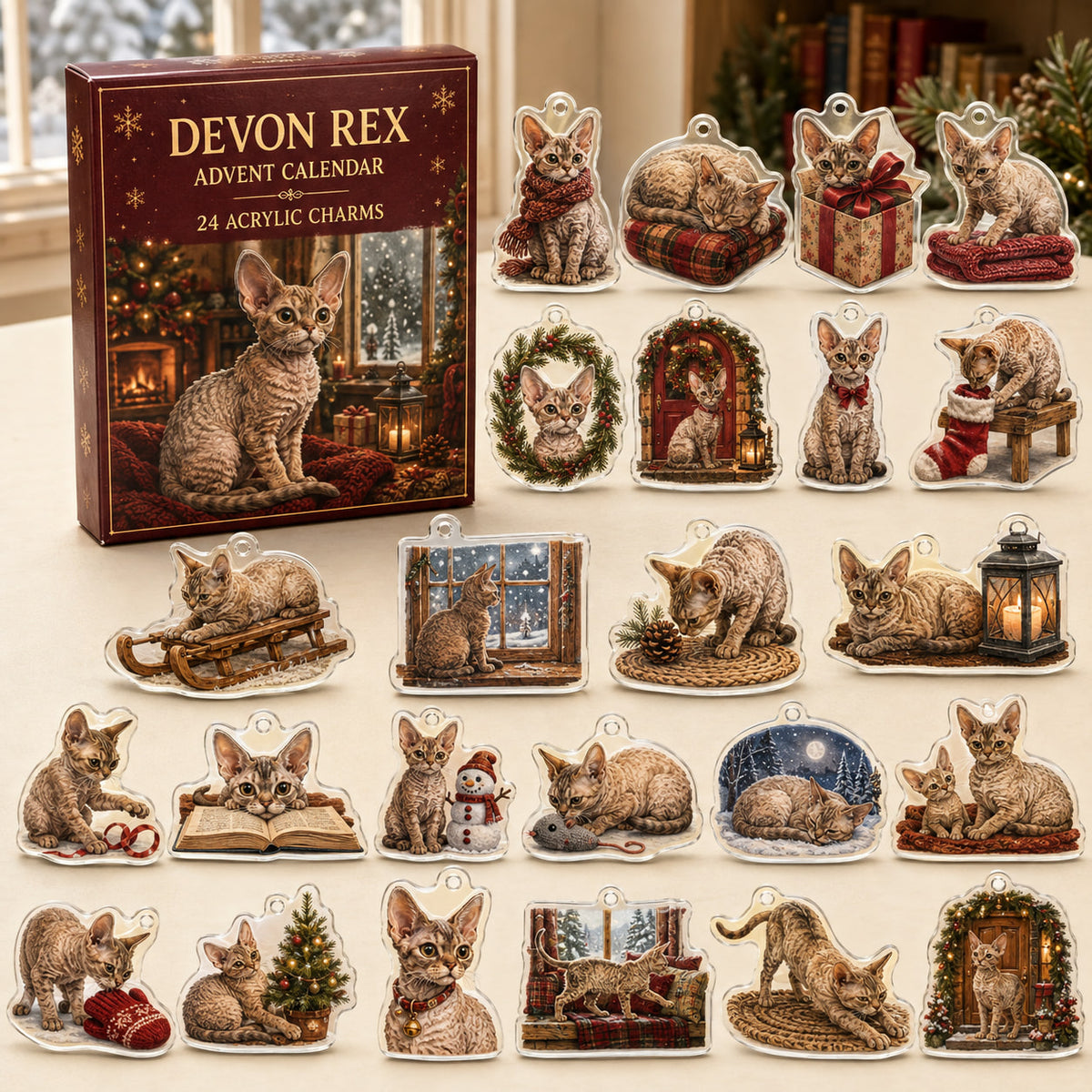 Devon Rex advent calendar box and 24 illustrated acrylic charms displayed on an ivory tabletop in a winter setting