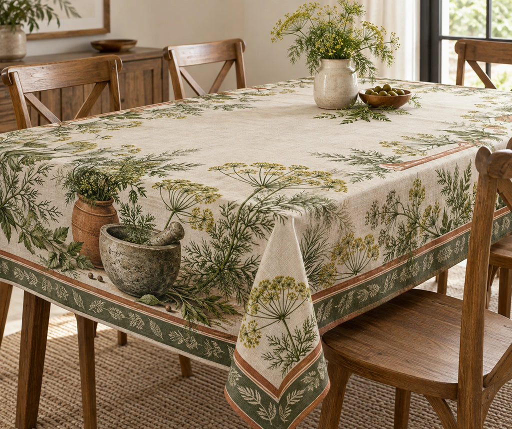 Dill Mortar and Pestle Tablecloth with printed dimensional artwork