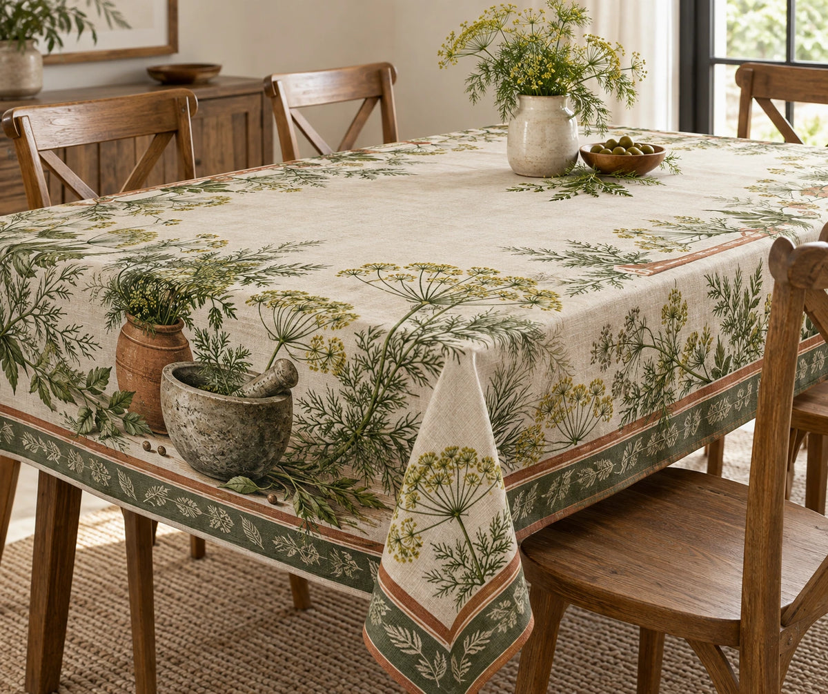 Dill Mortar and Pestle Tablecloth with printed dimensional artwork