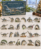 Diplodocus advent calendar with 24 custom-shaped flat acrylic charms and printed dimensional artwork