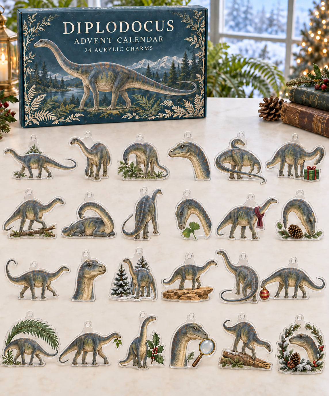 Diplodocus advent calendar with 24 custom-shaped flat acrylic charms and printed dimensional artwork