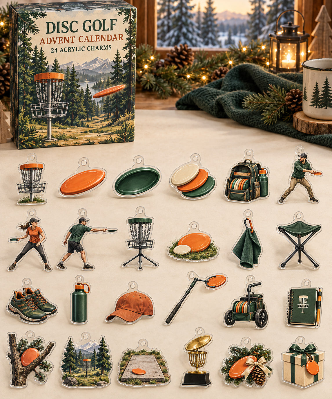 Disc Golf advent calendar with 24 custom-shaped flat acrylic charms and printed dimensional artwork