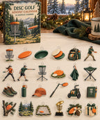 Disc Golf advent calendar with 24 custom-shaped flat acrylic charms and printed dimensional artwork