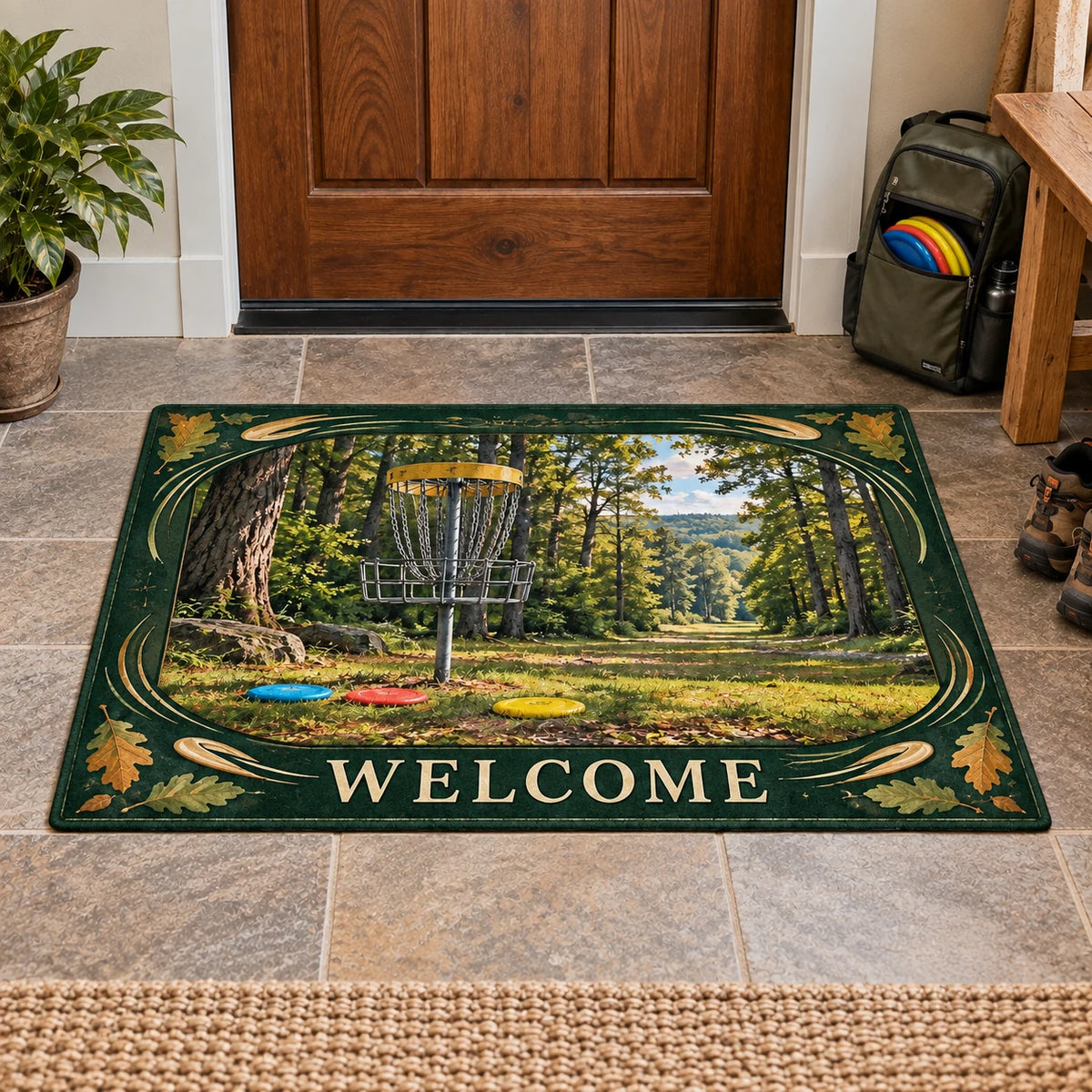 Disc Golf printed 3D doormat with coordinated border and hobby setting