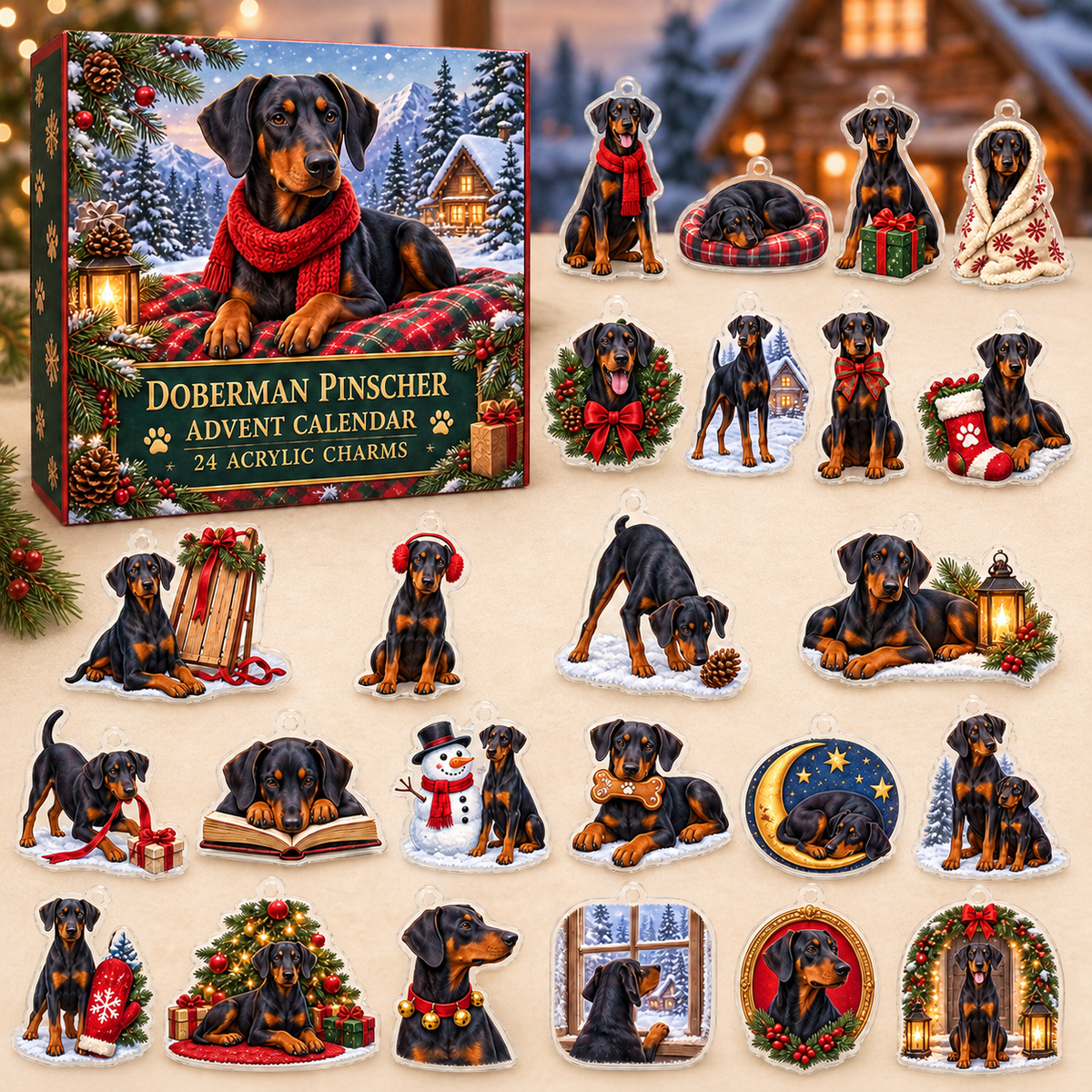 Doberman Pinscher advent calendar box with full set of 24 illustrated acrylic charms on a warm ivory tabletop